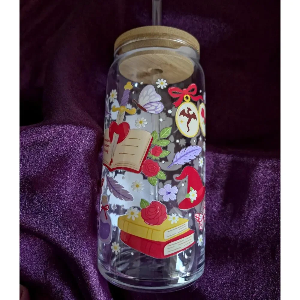 Fantasy Garden Picnic Glass Tumbler, Bookish Dragon Sword Design, Bamboo Lid